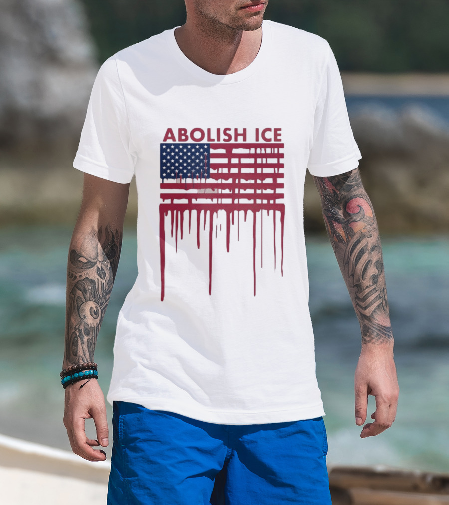 Abolish ICE Dripping American Flag Blood Effect T-Shirt