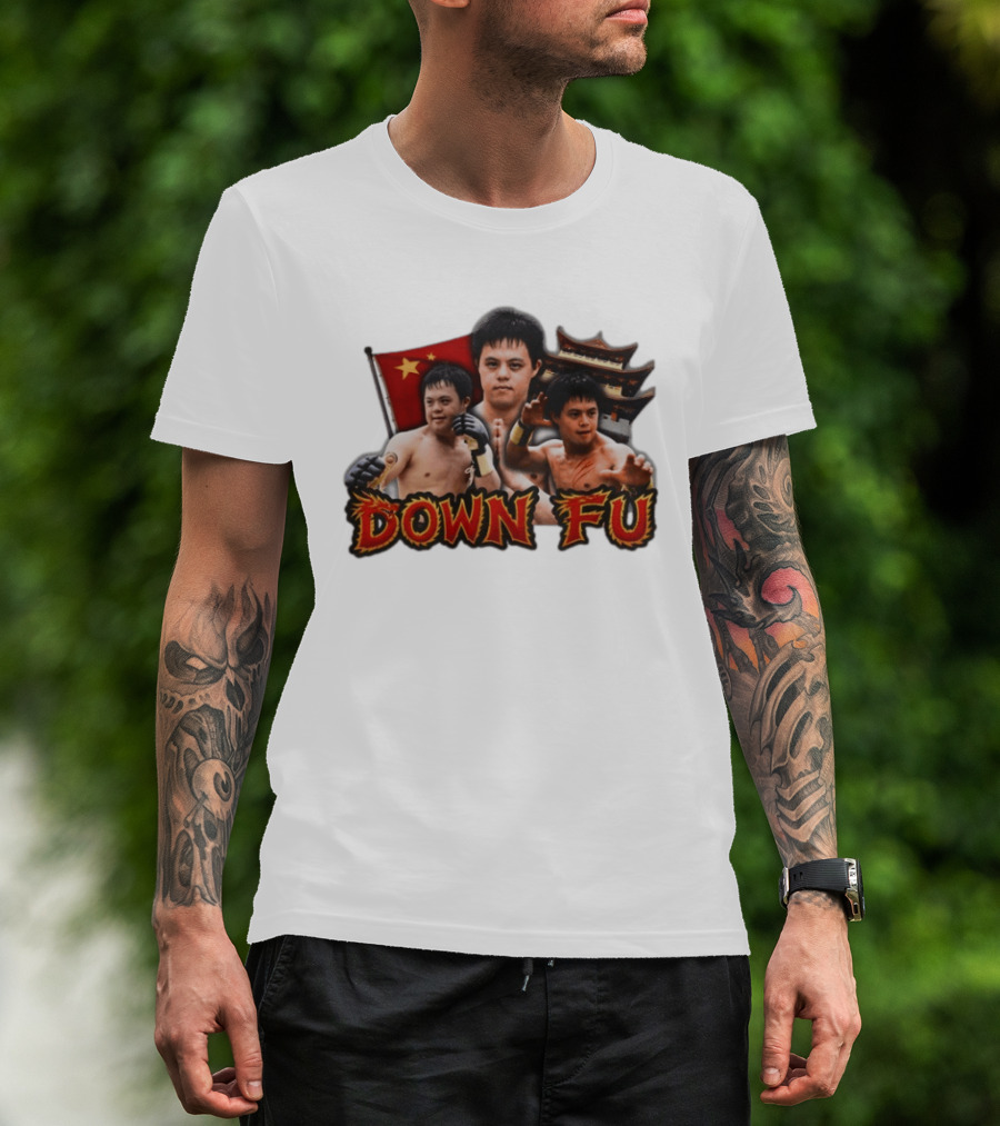 Down Fu Martial Arts Style With Fighters And Chinese Pagoda T-Shirt
