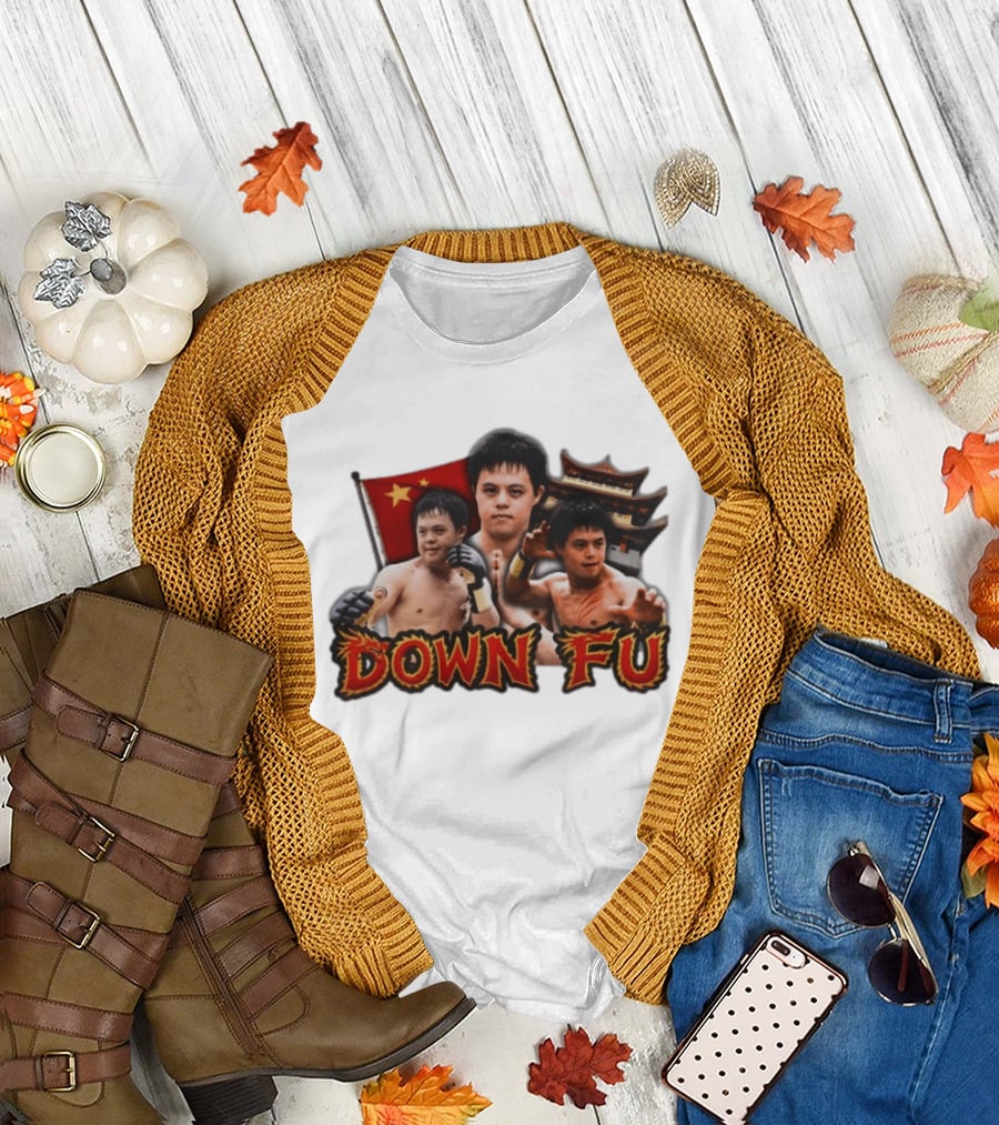 Down Fu Martial Arts Style with Fighters and Chinese Pagoda T-Shirt