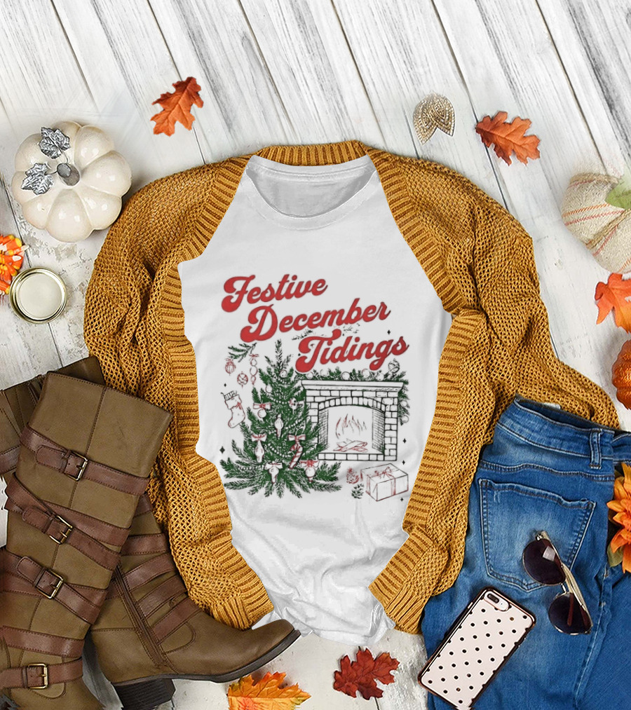 Festive December Tidings Christmas Tree Fireplace Holiday T-Shirt