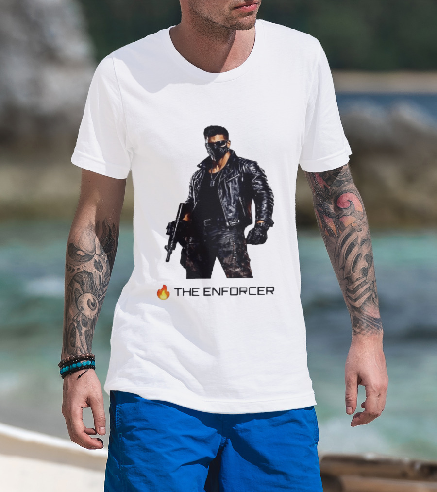 The Enforcer Leather Jacket Warrior With Mask And Fire T-Shirt