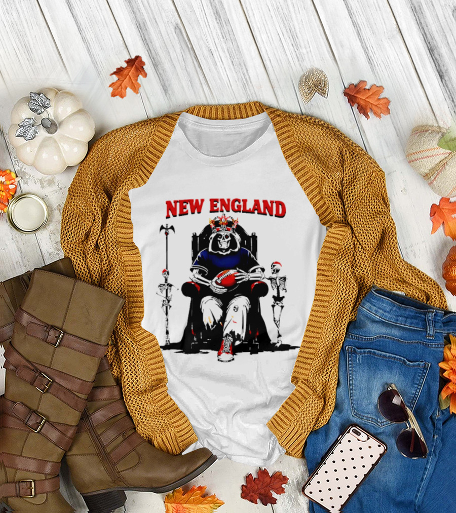 New England Skeletal Football Monarch Sitting on a Throne with Staff T-Shirt