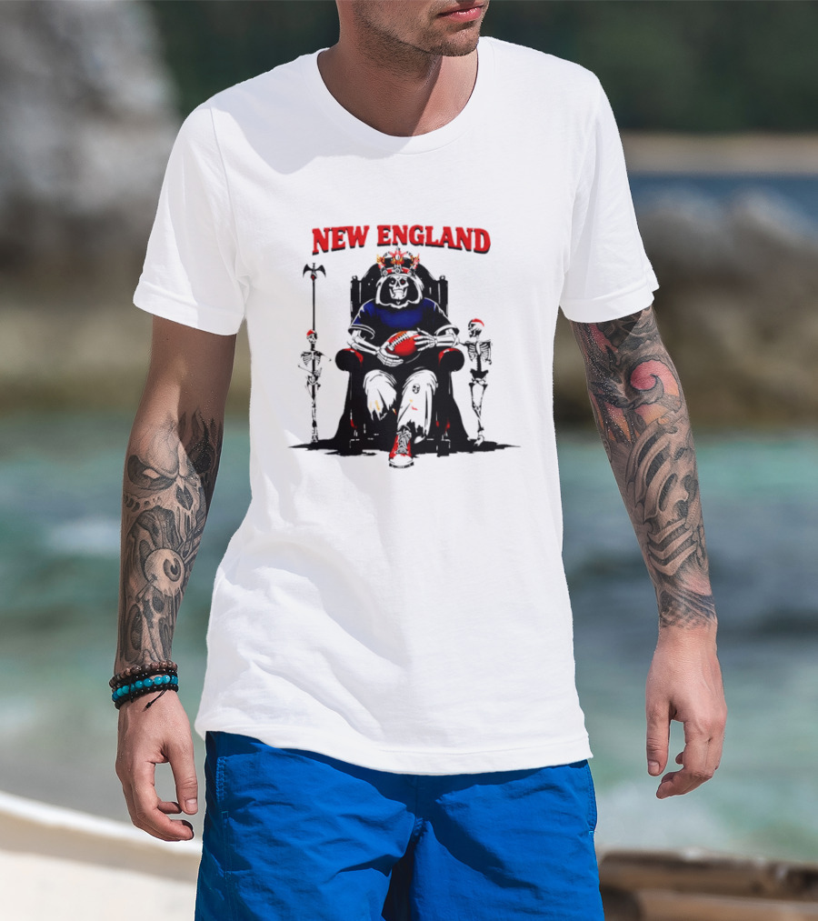 New England Skeletal Football Monarch Sitting On A Throne With Staff T-Shirt