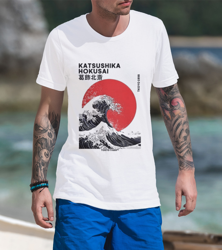 Katsushika Hokusai The Great Wave And Red Sun Japanese Ukiyo E T-Shirt
