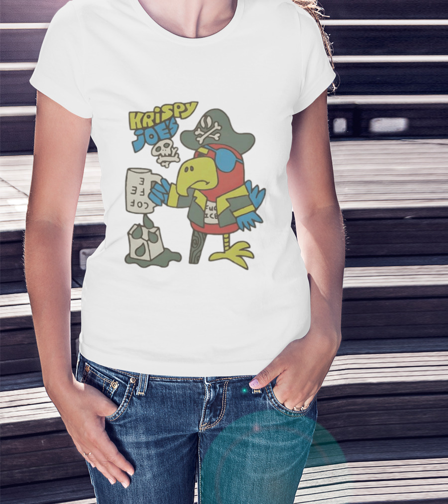 Krispy Joe's Pirate Parrot Coffee Spill Cartoon T-Shirt