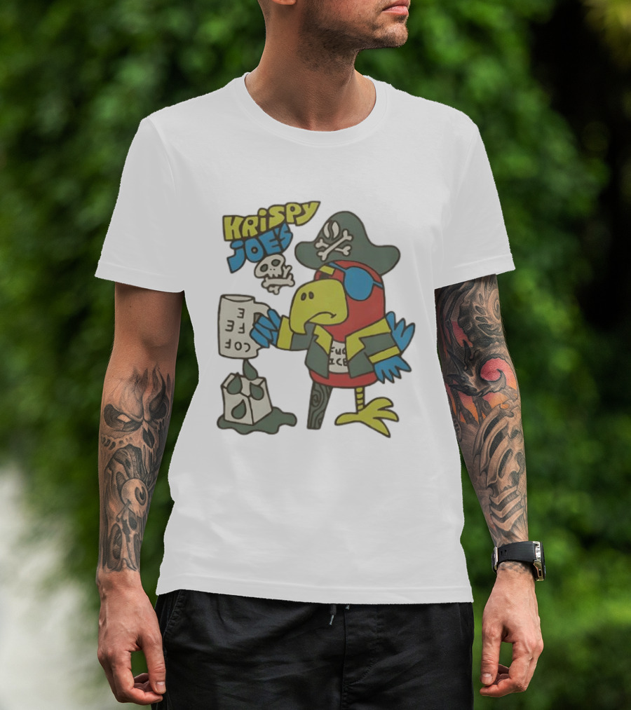 Krispy Joe's Pirate Parrot Coffee Spill Cartoon T-Shirt