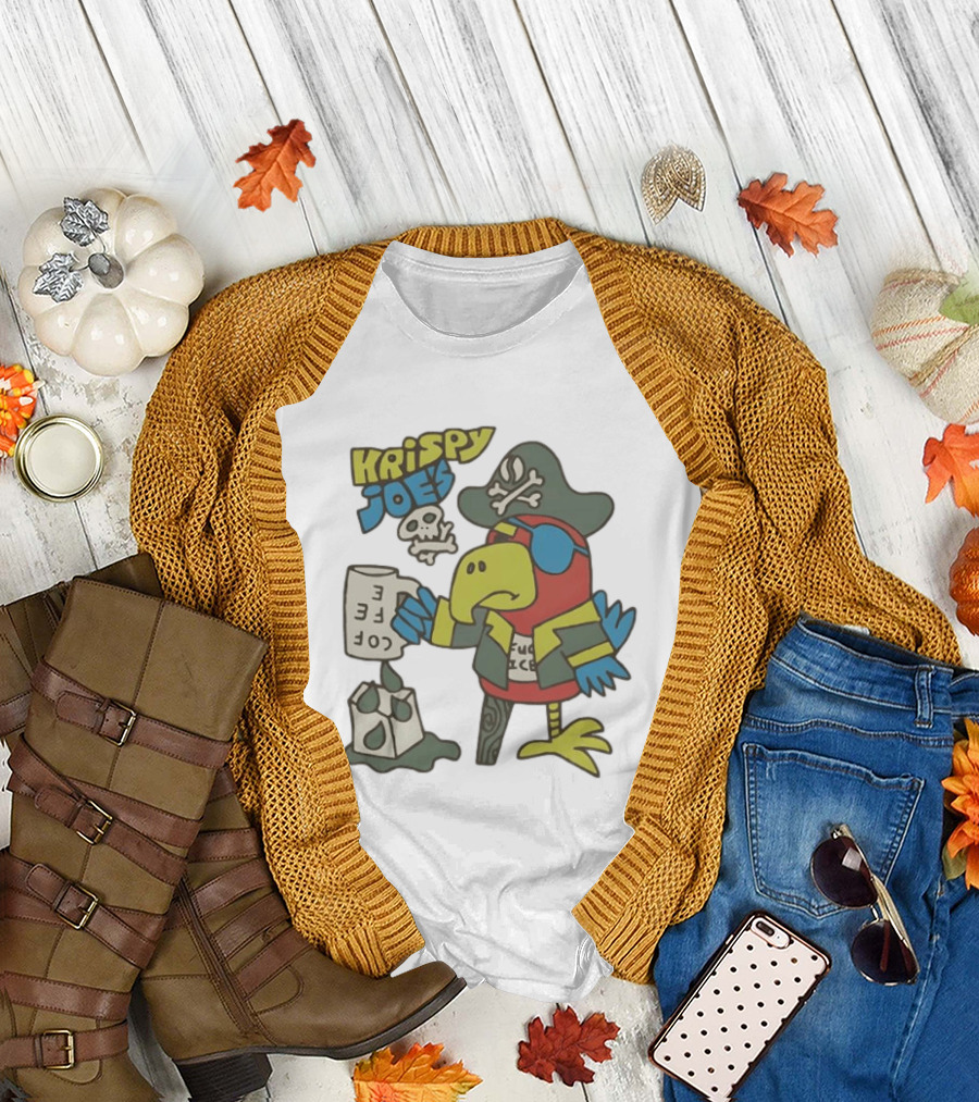 Krispy Joe's Pirate Parrot Coffee Spill Cartoon T-Shirt