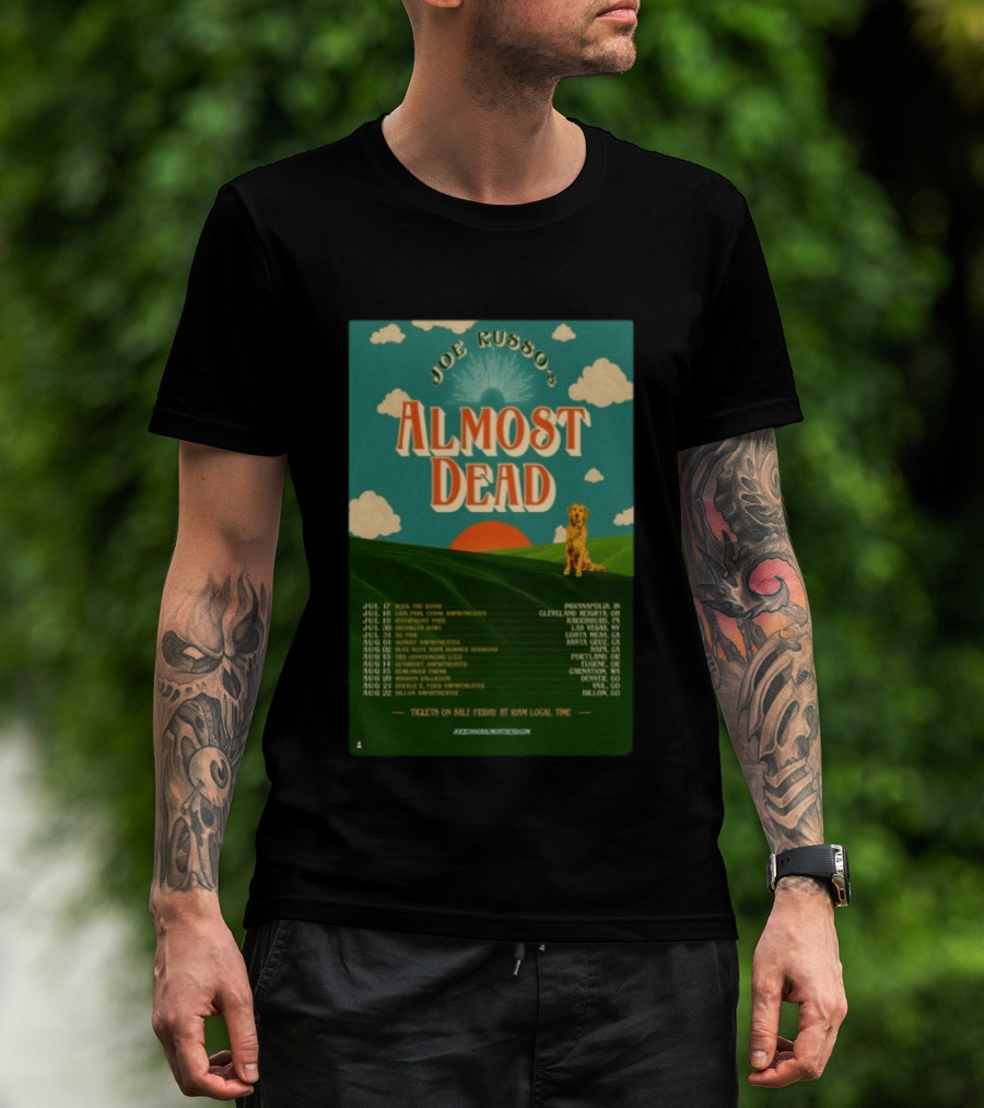 Joe Russo's Almost Dead Summer Tour 2026 Dates Red Sun Dog And Cloudy Sky T-Shirt