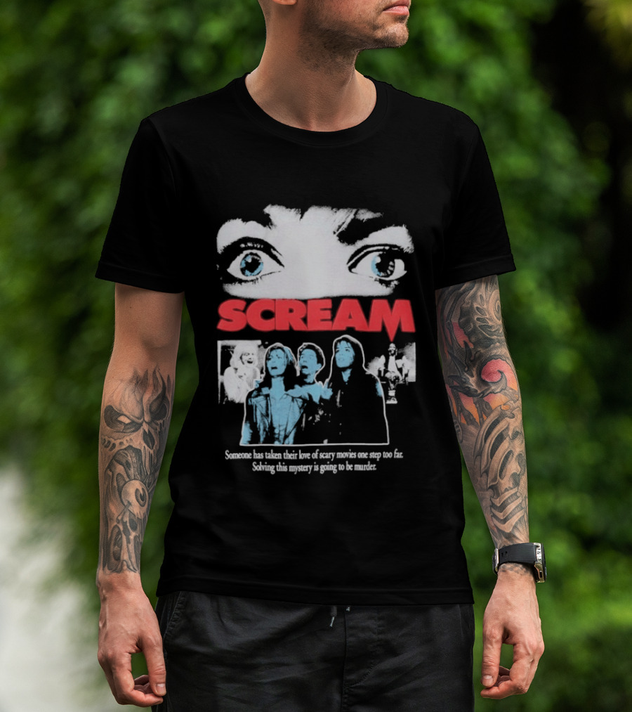 Scream Someone Has Taken Their Love Of Scary Movies One Step Too Far Solving This Mystery Is Going To Be Murder Eyes Faces T-Shirt
