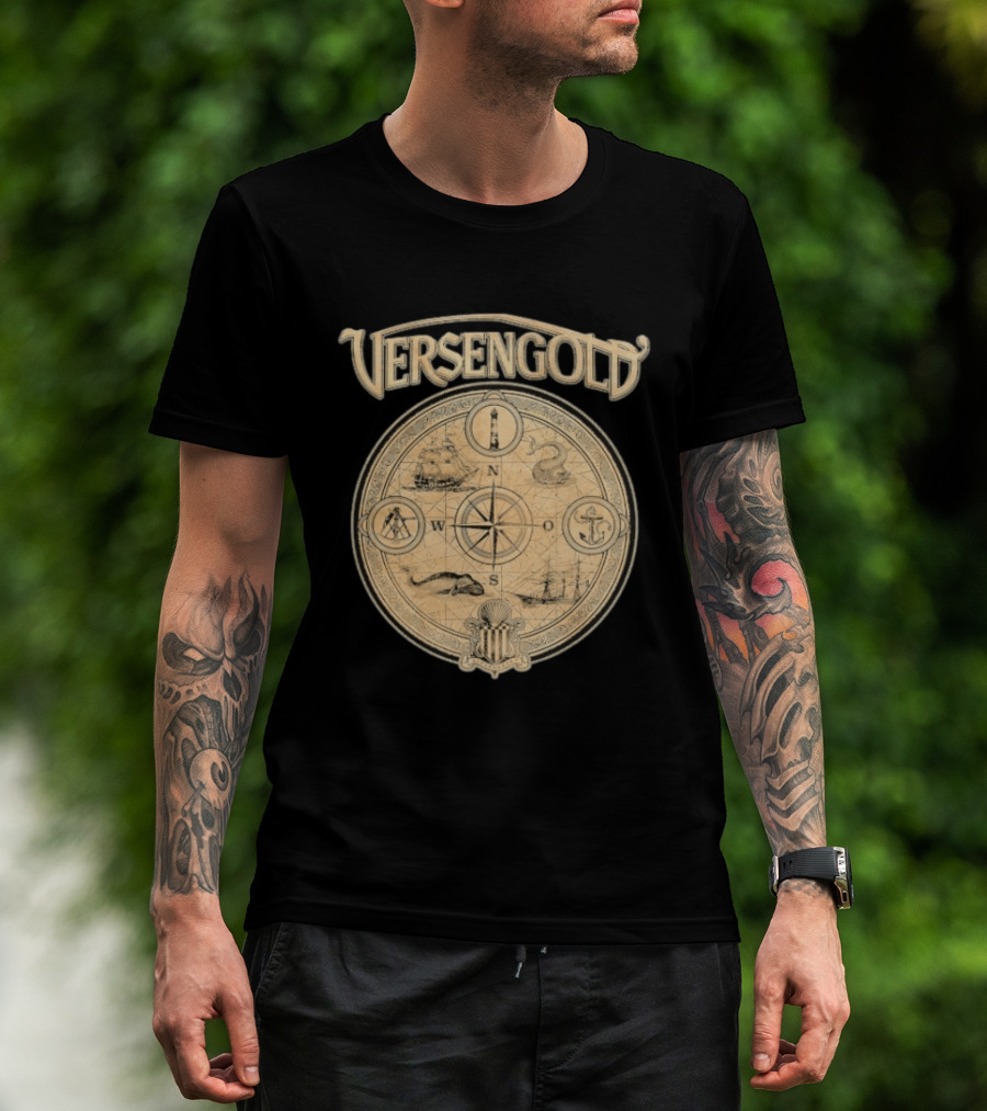 Versengold Nautical Compass Map With Ship Whale Anchor Lighthouse Chart T-Shirt