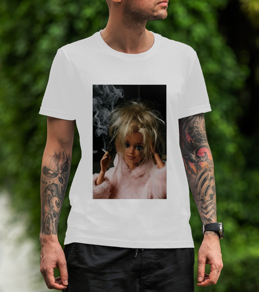 Cigarette Smoking Barbie Doll In Pink Fur Coat T-Shirt