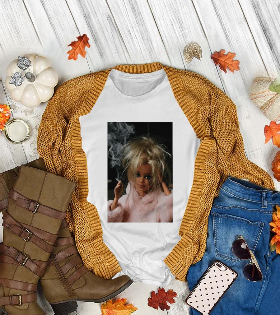 Cigarette Smoking Barbie Doll in Pink Fur Coat T-Shirt
