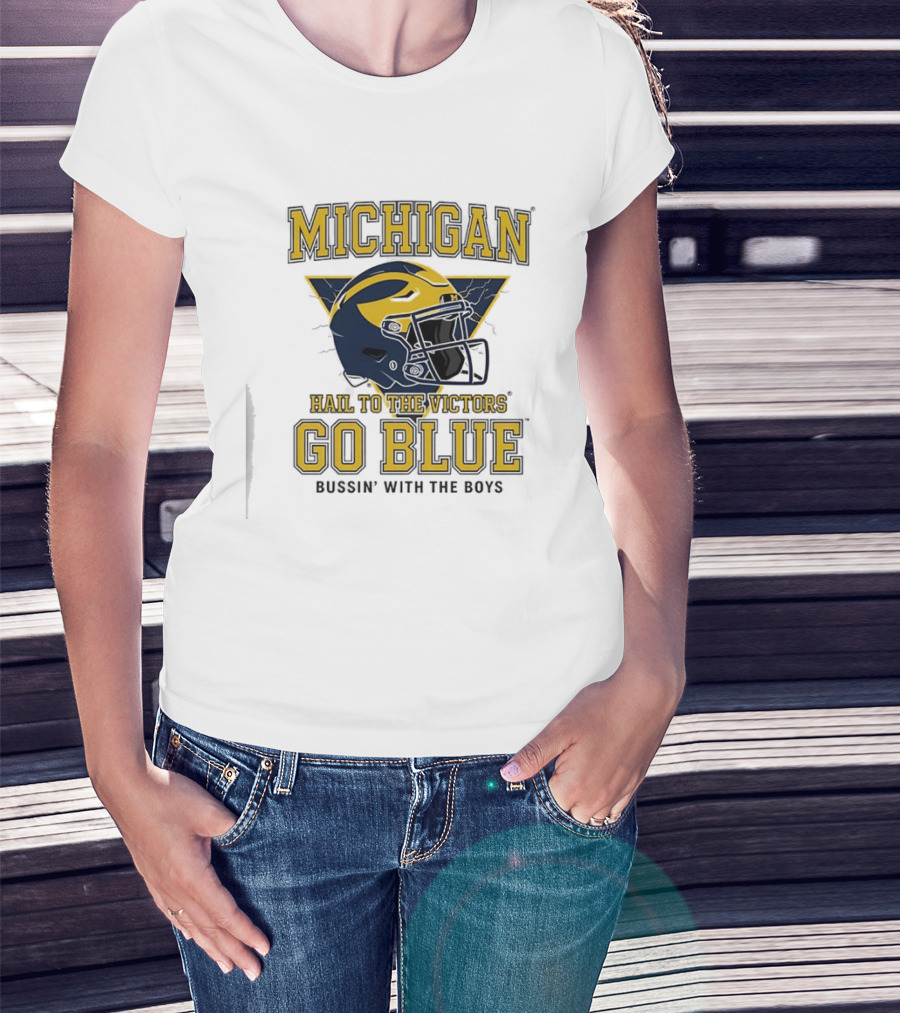 Michigan Hail To The Victors Go Blue Bussin' With The Boys Helmet T-Shirt