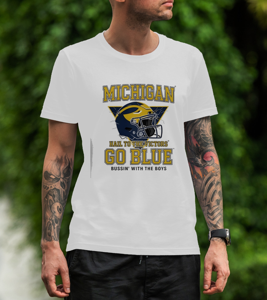 Michigan Hail To The Victors Go Blue Bussin' With The Boys Helmet T-Shirt