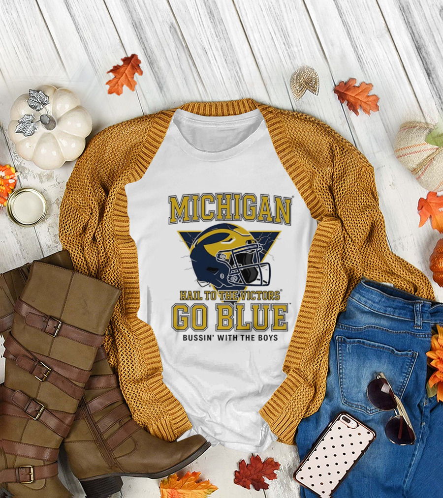 Michigan Hail To The Victors Go Blue Bussin' With The Boys Helmet T-Shirt
