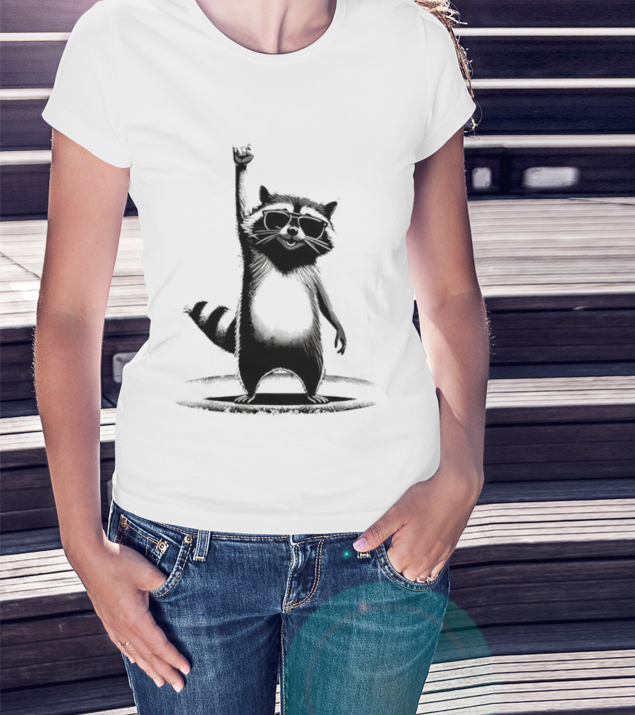 Raccoon Rock Music Animal Silhouette Jazz Hands Pose T-Shirt