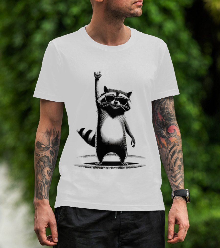 Raccoon Rock Music Animal Silhouette Jazz Hands Pose T-Shirt