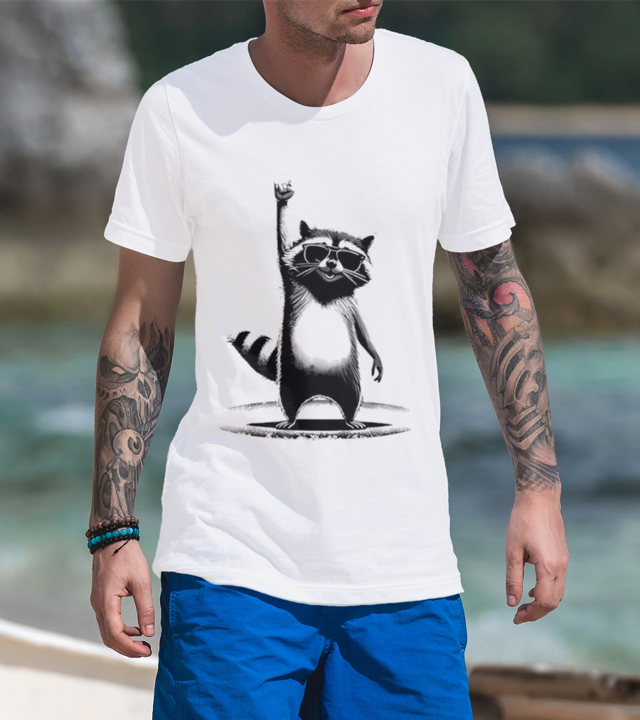 Raccoon Rock Music Animal Silhouette Jazz Hands Pose T-Shirt
