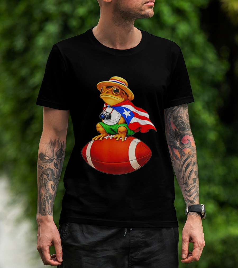 Puerto Rico Coqui Frog With Hat And Flag Sitting On Football T-Shirt