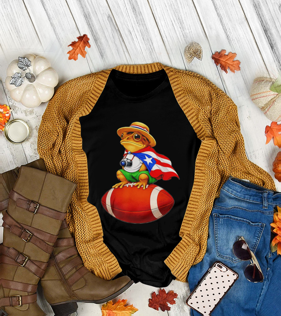 Puerto Rico Coqui Frog With Hat And Flag Sitting On Football T-Shirt