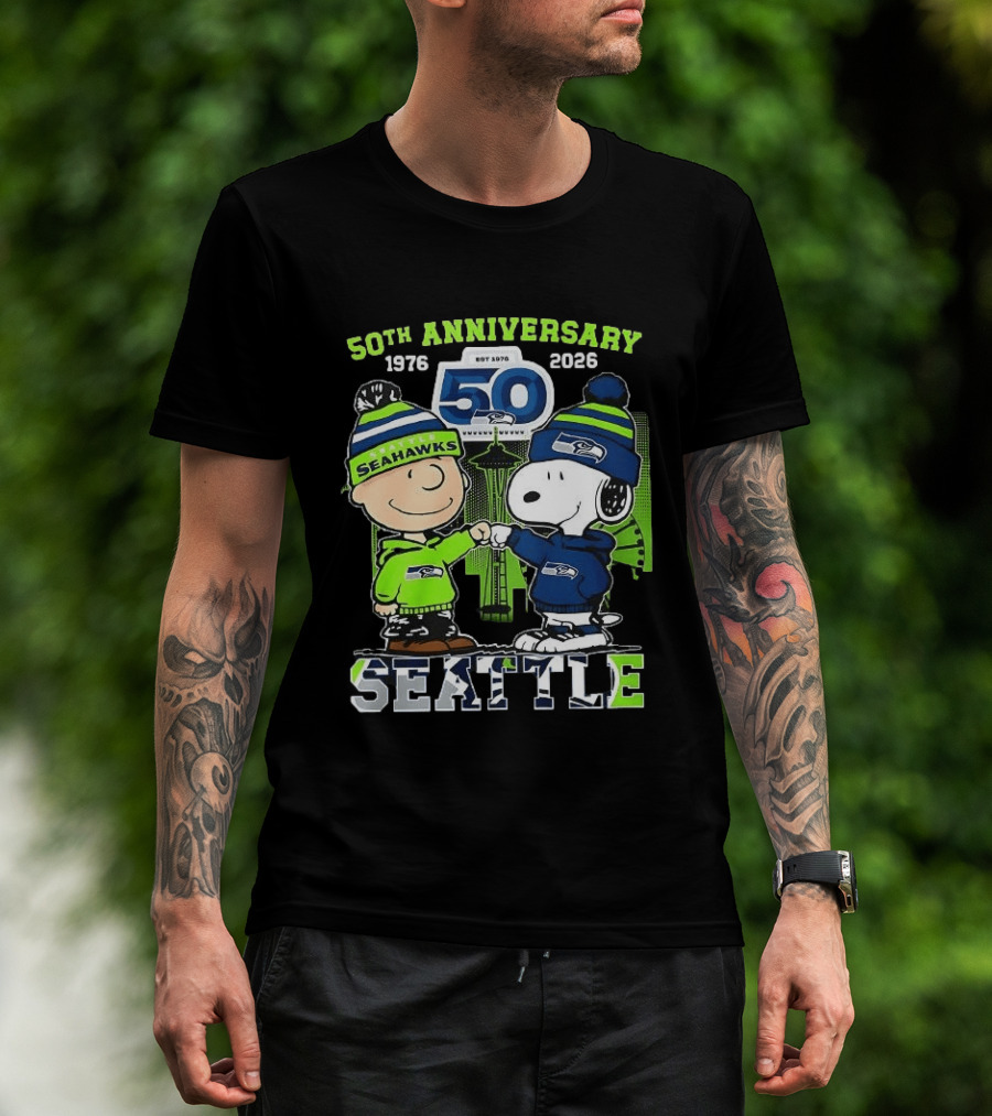 Seattle Seahawks 50th Anniversary 1976 2026 Charlie Brown Snoopy T-Shirt