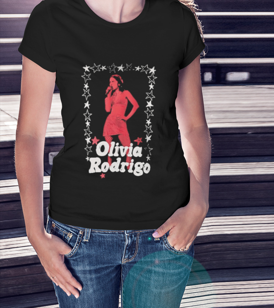 Olivia Rodrigo Star Pose Framed With Vibrant Red Highlights T-Shirt