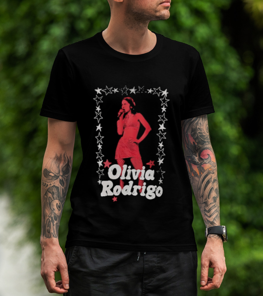 Olivia Rodrigo Star Pose Framed With Vibrant Red Highlights T-Shirt