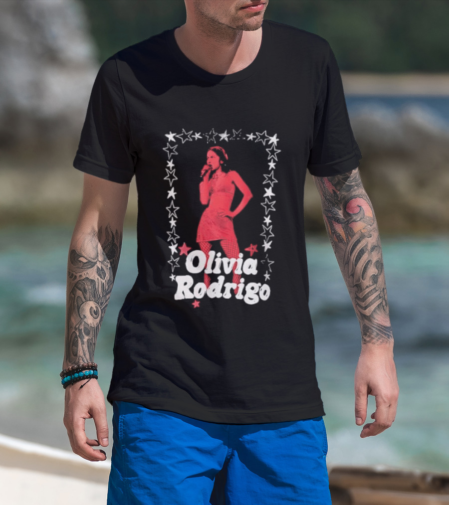 Olivia Rodrigo Star Pose Framed With Vibrant Red Highlights T-Shirt