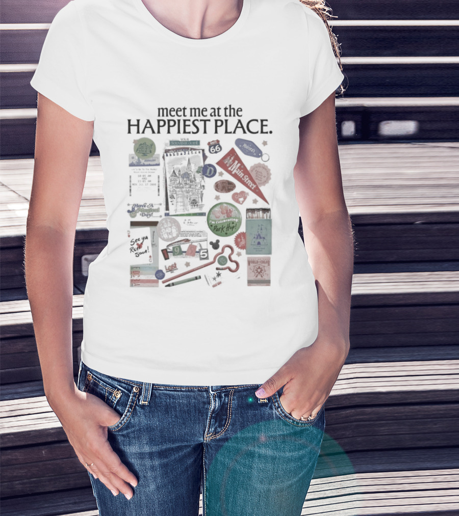 Meet Me At The Happiest Place With Iconic Park Symbols And Pop Culture References T-Shirt