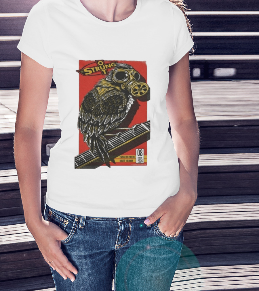 Strung Out Feb 8 2026 Bogota Colombia Bird Gas Mask Concept Concert Tour T-Shirt