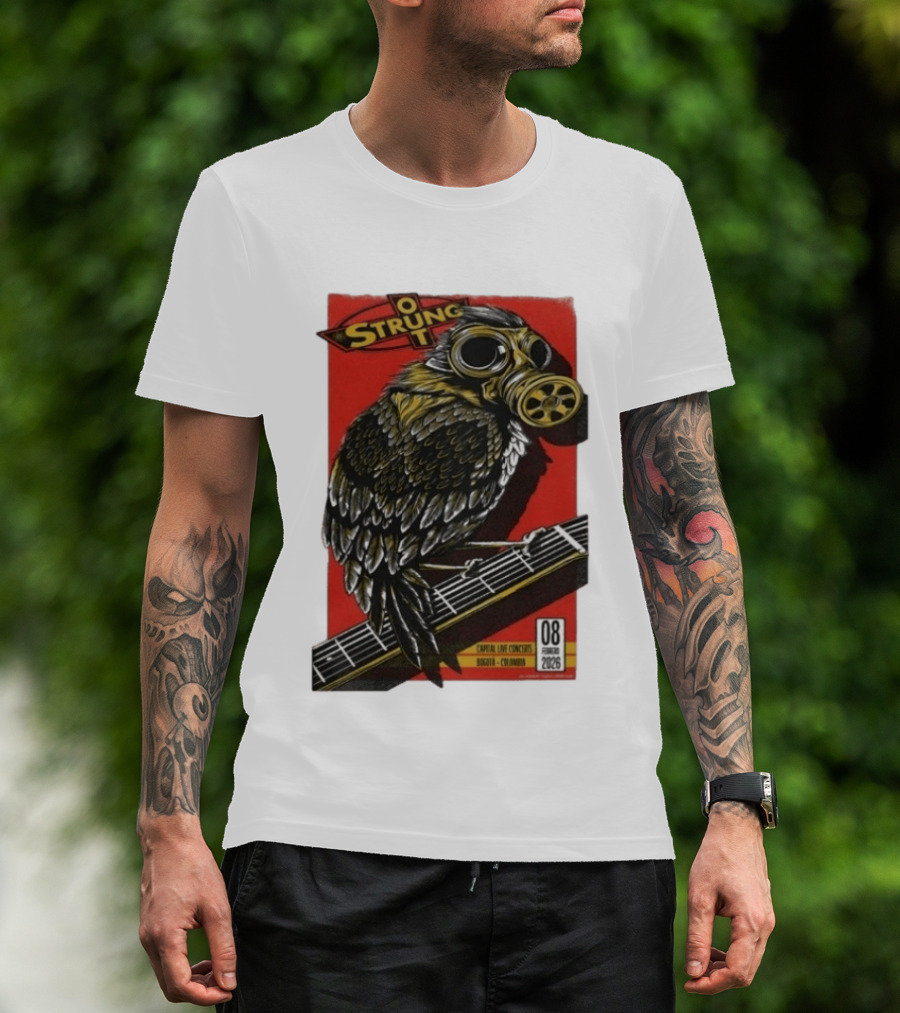 Strung Out Feb 8 2026 Bogota Colombia Bird Gas Mask Concept Concert Tour T-Shirt