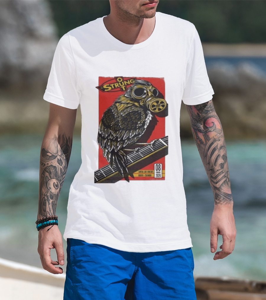 Strung Out Feb 8 2026 Bogota Colombia Bird Gas Mask Concept Concert Tour T-Shirt