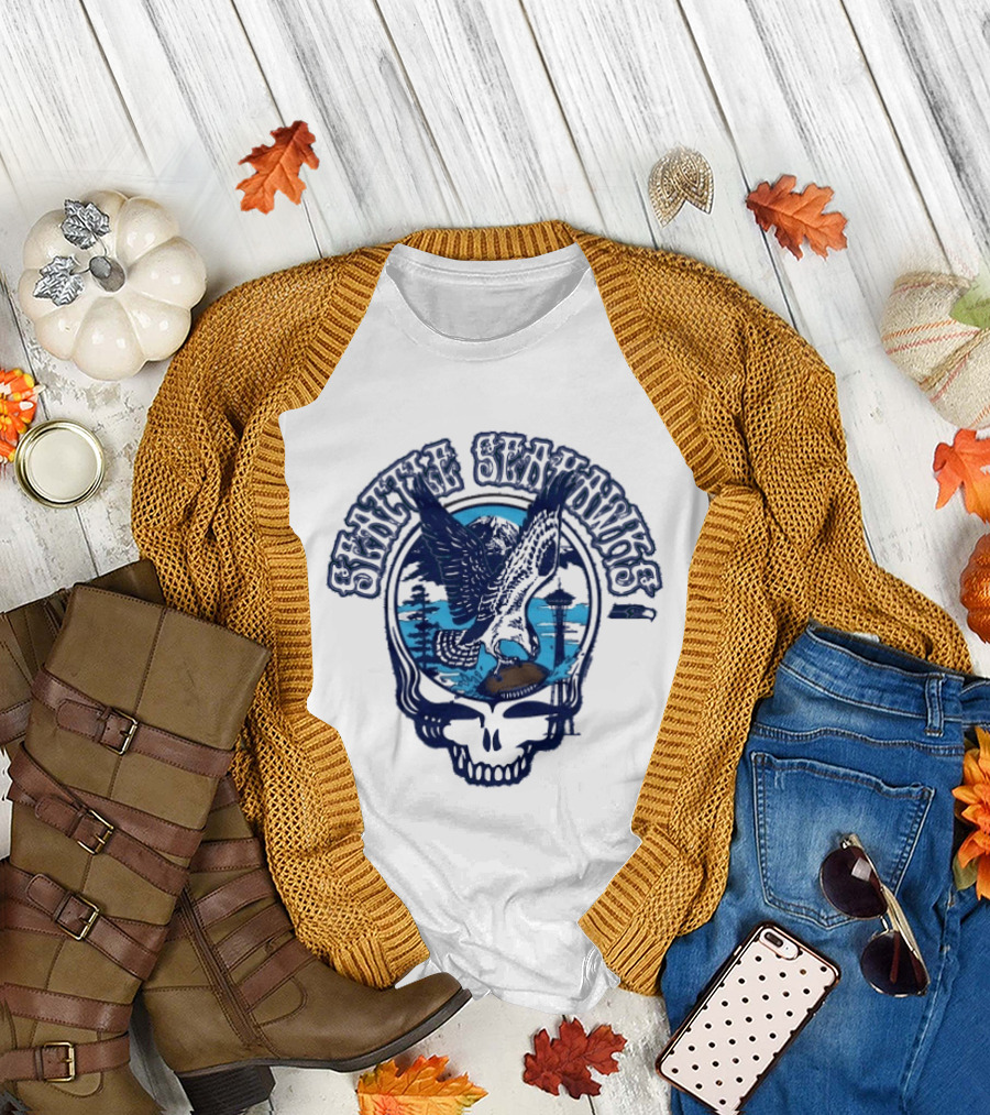 Seattle Seahawks Grateful Dead Skull Art Collaboration T-Shirt