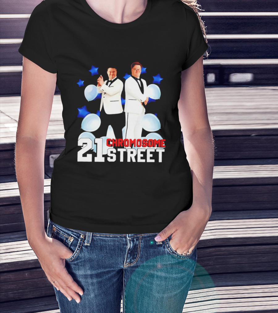 21 Chromosome Street Down Syndrome Stars Balloons White Suits T-Shirt