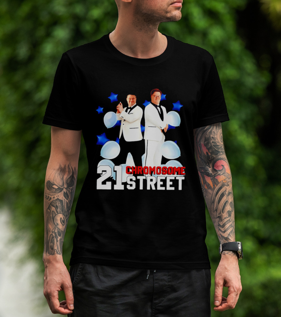 21 Chromosome Street Down Syndrome Stars Balloons White Suits T-Shirt