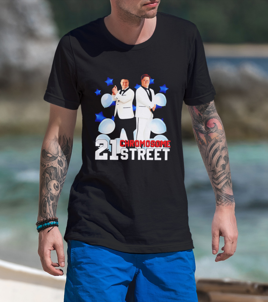 21 Chromosome Street Down Syndrome Stars Balloons White Suits T-Shirt