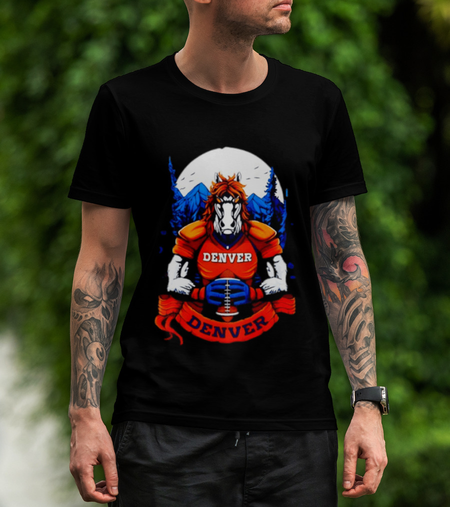 Denver Broncos Wild Horse Football Player With Mountains And Trees T-Shirt