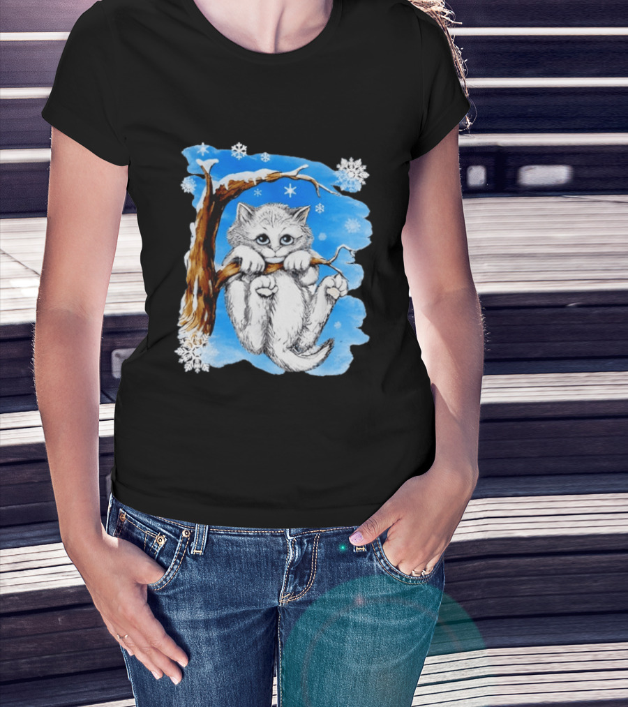 Hang In There Baby Cat In Snow With Snowflakes And Blue Sky T-Shirt