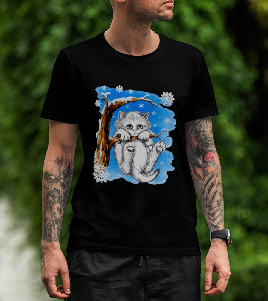 Hang In There Baby Cat In Snow With Snowflakes And Blue Sky T-Shirt