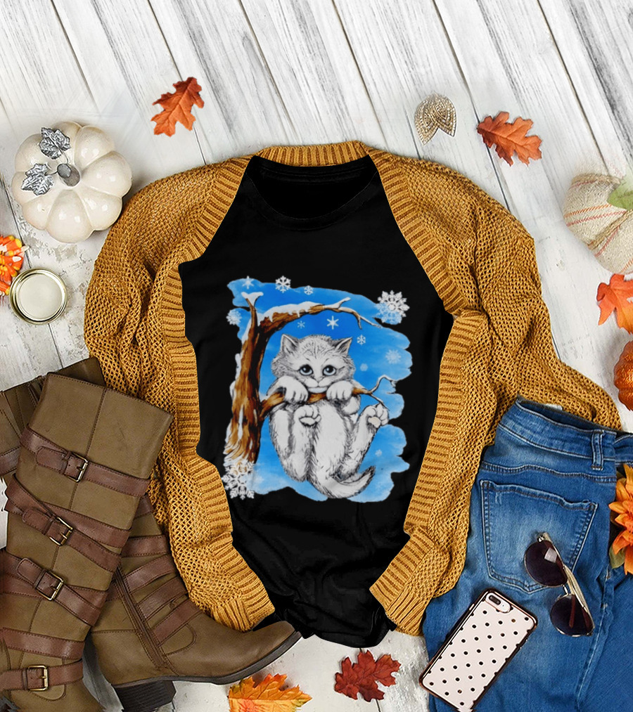 Hang in There Baby Cat in Snow with Snowflakes and Blue Sky T-Shirt