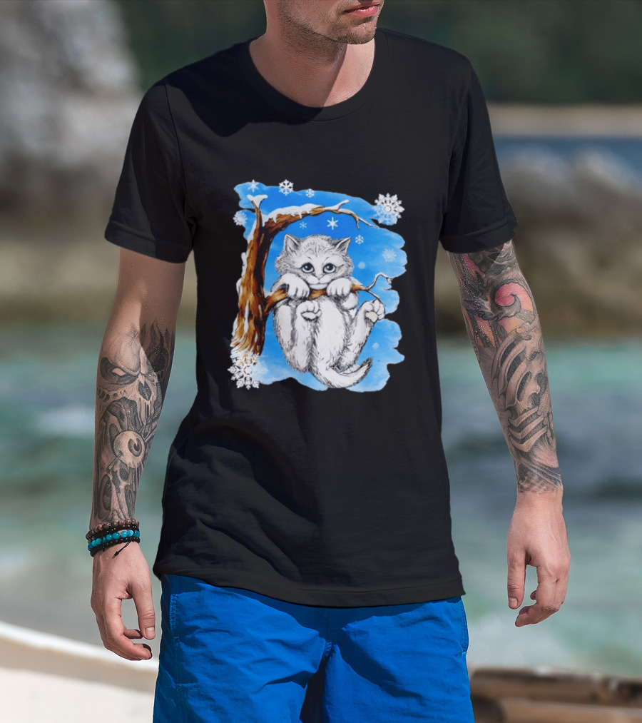 Hang In There Baby Cat In Snow With Snowflakes And Blue Sky T-Shirt