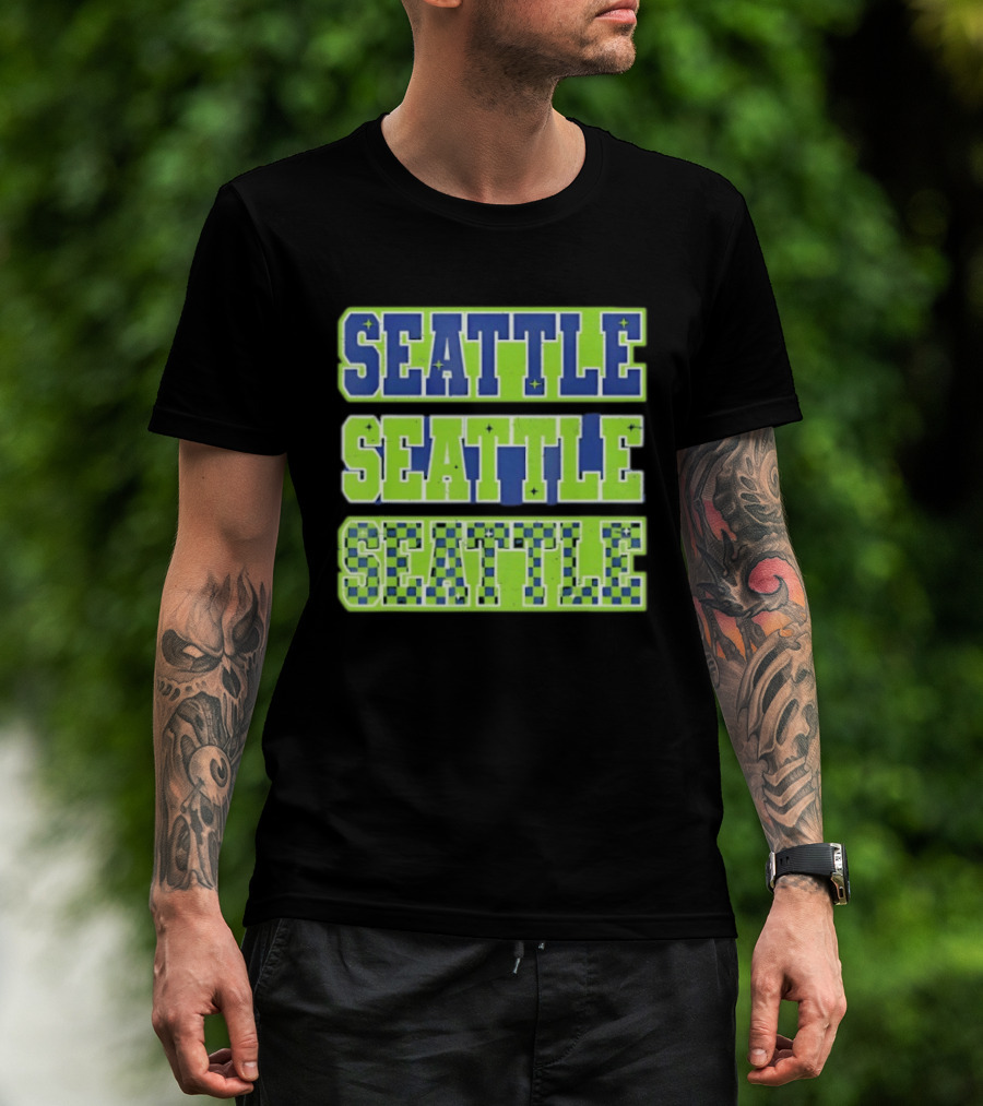 Seattle Blue Green Stars Checkerboard T-Shirt