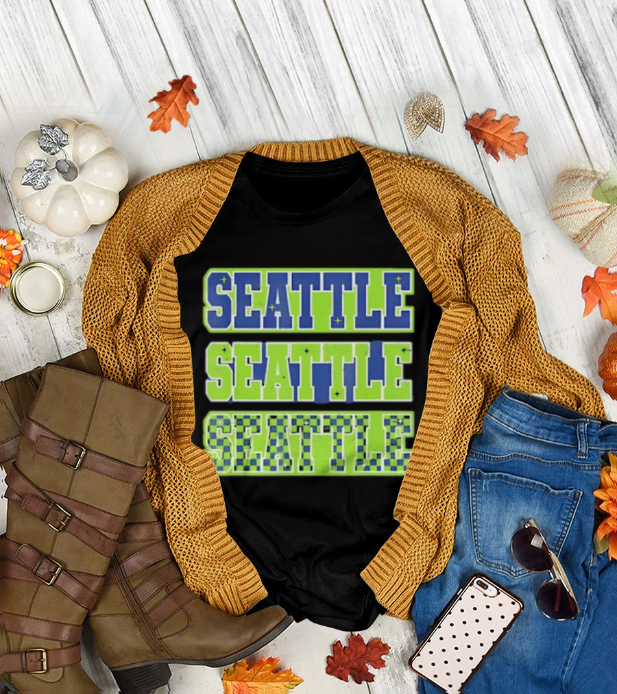 Seattle Blue Green Stars Checkerboard T-Shirt