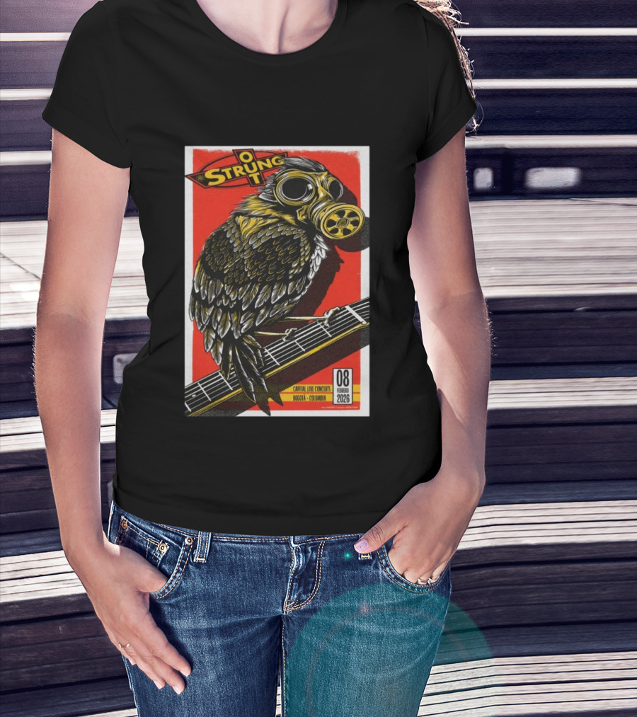 Strung Out February 8 2026 Capital Live Concerts Bogota Colombia Owl Gas Mask Guitar T-Shirt