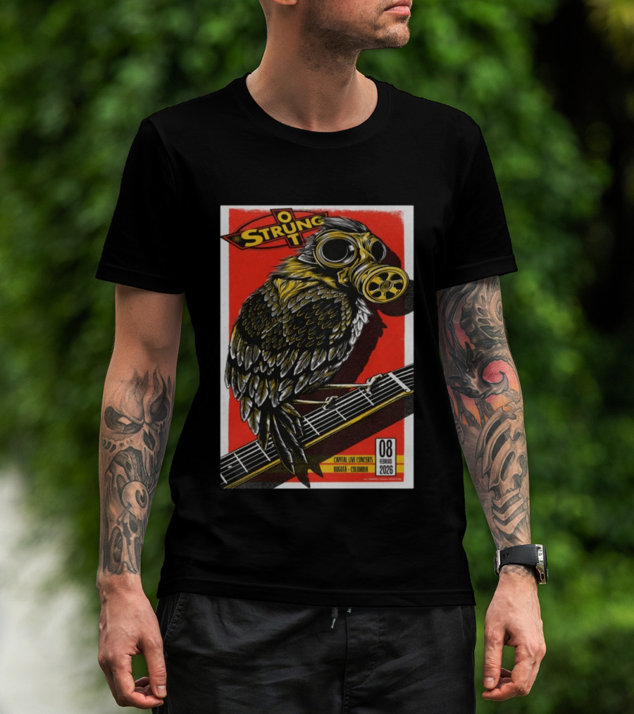 Strung Out February 8 2026 Capital Live Concerts Bogota Colombia Owl Gas Mask Guitar T-Shirt