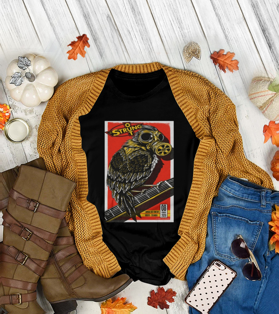 Strung Out February 8 2026 Capital Live Concerts Bogota Colombia Owl Gas Mask Guitar T-Shirt
