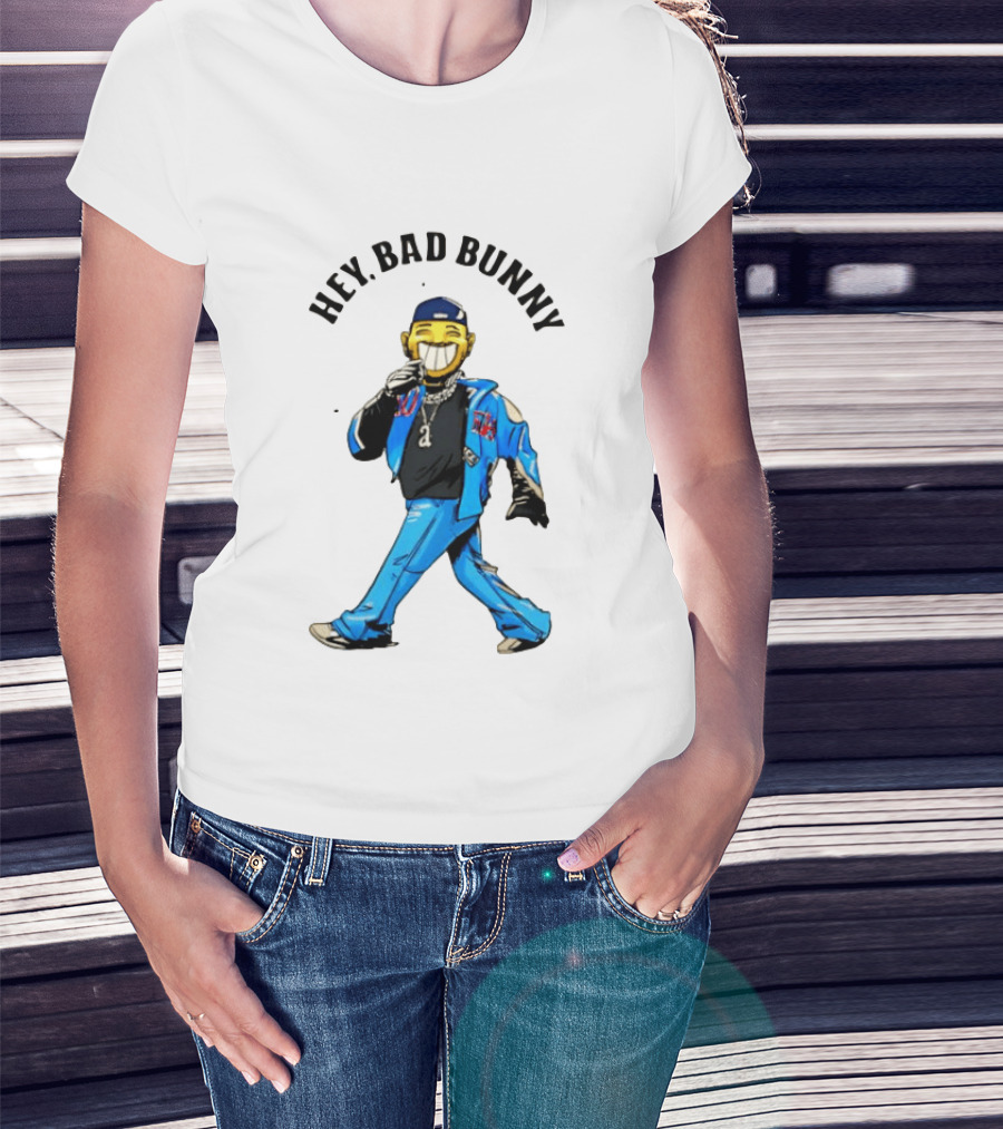 HEY BAD BUNNY Blue Jacket Character Black Outfit Chains T-Shirt