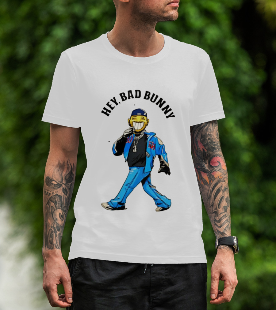 HEY BAD BUNNY Blue Jacket Character Black Outfit Chains T-Shirt