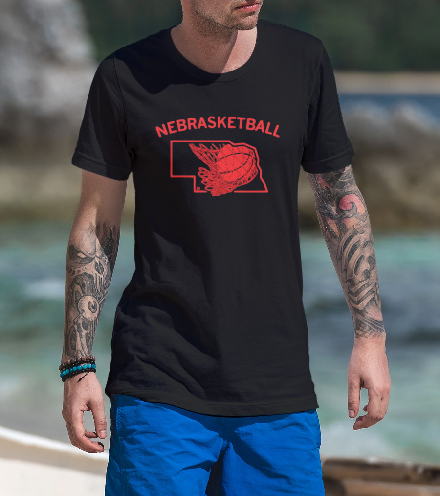 Nebrasketball Nebraska Basketball Red State Silhouette Basketball Net T-Shirt