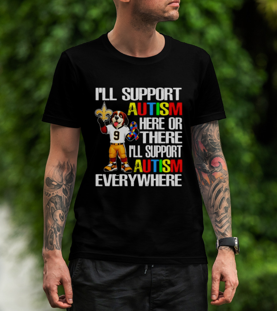 New Orleans Saints Team Mascot Support Autism Awareness Everywhere T-Shirt